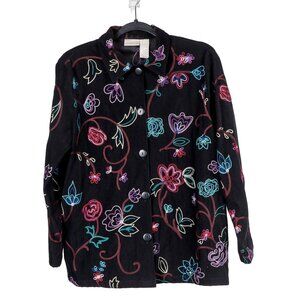 Velour Embroidered VTG Jacket S Floral Black Boho Academic Fairy Buttons Purple